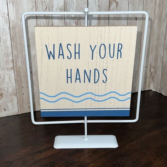 NWT Wash Your Hands Brush Your Teeth Bathroom Sign 2-Sided Metal Wood Decor Kids - Picture 6 of 6